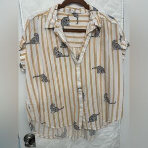 Jane and Delancey Tan and White Striped Blouse with Leopard Print